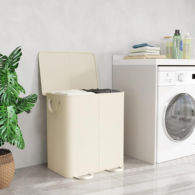 Lifewit Double Laundry Hamper with Lid and Removable Laundry Bags, Large Collapsible 2 Dividers Dirty Clothes Basket with Handles for Bedroom Laundry Room Closet Bathroom College, 155L Ivory White - Image 6