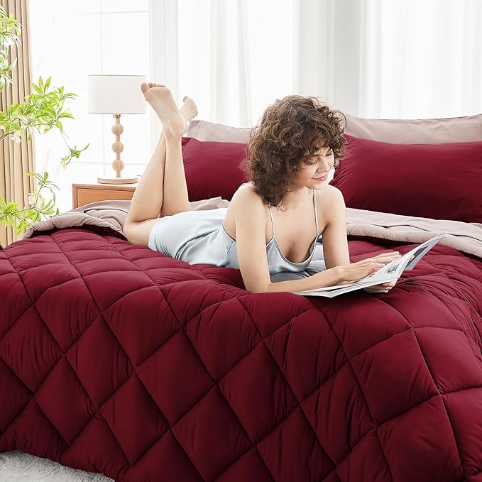 MUXHOMO 7 Pieces King Comforter Set, Reversible Bed in a Bag King Size, All Season Bedding Set with Comforter, Flat Sheet, Fitted Sheet, Pillowcases & Shams, Burgundy & Rose Gold
