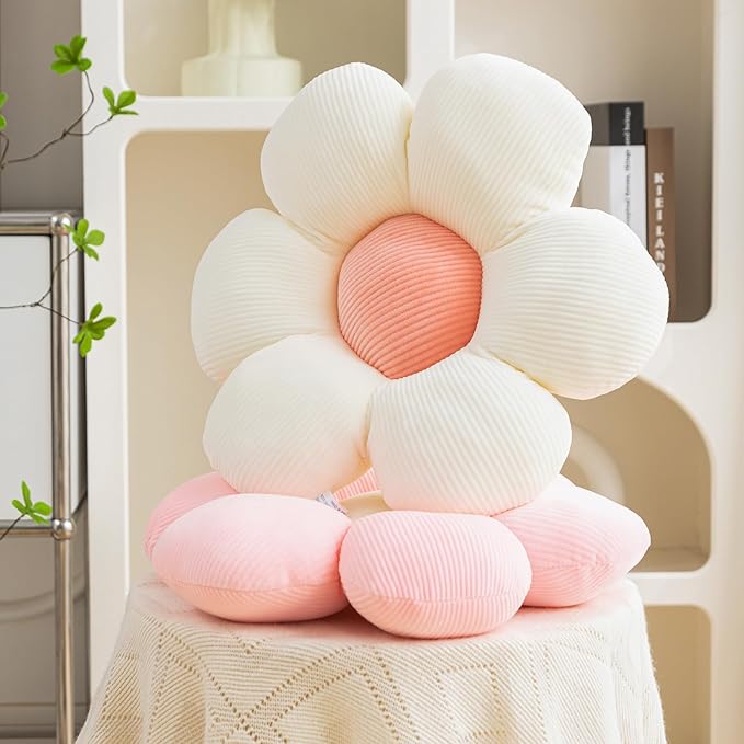 3Pcs Flower Pillow - Flower Shaped Throw Pillow Seating Cushion, Cute Daisy Flower Pillow Floor Pillows for Adults Kids Home Bedroom Sofa Chair Couch Decor (White/Pink/Purple, 15.74 in+19.68 in)