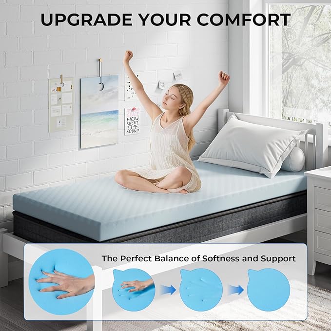 OhGeni 3 Inch Twin Size Memory Foam Mattress Topper Pad with Cover, Egg Crate Foam with Anti-Slip Base, Enhanced with Cooling Gel，Removable & Washable，College Dorm Room Essential