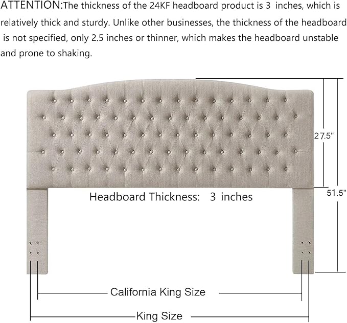24KF Upholstered Tufted Button Linen Fabric Headboard,Comfortable Fashional Headboard King/CA King Size,Linen