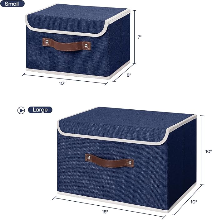 ANMINY Storage Bin with Lid Storage Boxes with PU Leather Handles PP Plastic Board Decorative Foldable Lidded Cotton Linen Fabric Home Cubes Baskets Closet Organizer Container - Blue, Large Size - Image 5