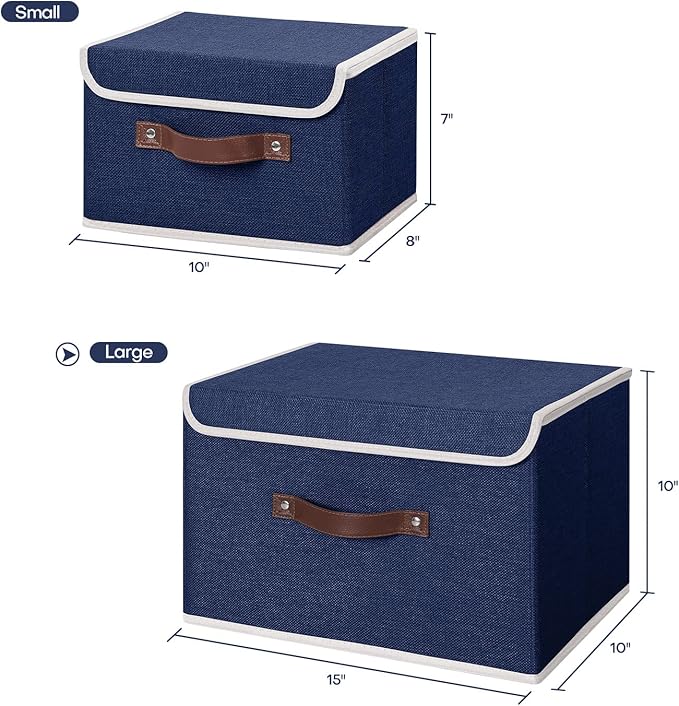 ANMINY 2PCS Storage Bins with Lid PU Leather Handles Storage Boxes PP Plastic Board Decorative Foldable Lidded Cotton Linen Fabric Home Cubes Baskets Closet Organizer Containers - Blue, Large Size - Image 5