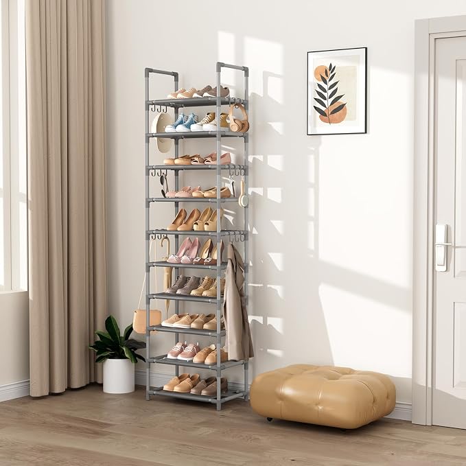 VTRIN 10 Tiers Tall Shoe Rack Holds 20-25 Pairs of Shoes Sturdy Vertical Shoe Organizer with 18pcs Hooks Stackable Narrow Shoe Rack for Closet, Entryway Grey - Image 7