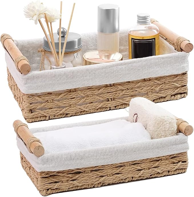 Round Paper Rope Storage Basket, Wicker Baskets for Organizing with Handle, Decorative Bins for Countertop, Toilet Paper Basket for Toilet Tank Top, Small Baskets Set (Set of 2,Beige) by Unknown