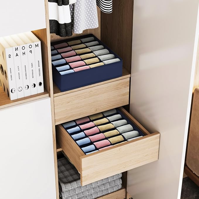 Joyoldelf Drawer Organizer - 2 Pack Underwear Holder, 24 Cells Collapsible Closet Organizer and Storage for Belts, Ties (Navy Blue) - Image 6
