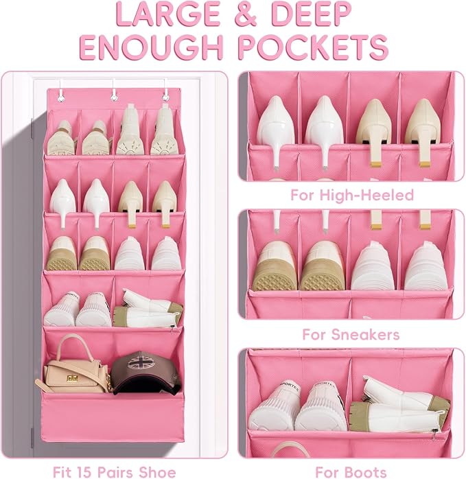 FENTEC 1 Pack Over-the-Door-Shoe-Organizers, Hanging Shoe Organizers with Large Pocket Shoe Holder Hanging Shoe Rack for Closet Shoes Organizer for Wall, Over Door Organizer with 15 Pockets Pink - Image 3
