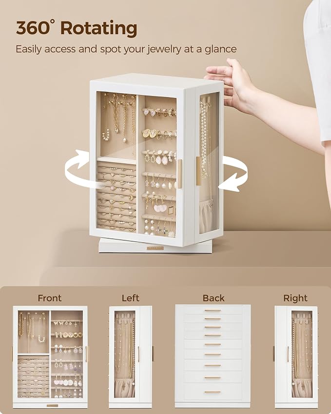 Glimmloop 360° Rotating Jewelry Box with 9 Drawers, Spacious Vertical Jewelry Organizer with Glass Window, Jewelry Storage Case, Dustproof & Moisture-resistant Design, White - Image 4