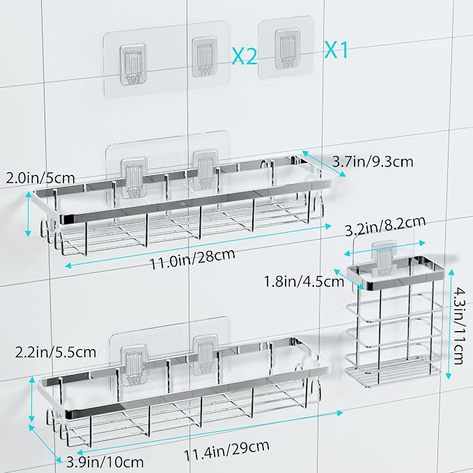 Shower Caddy Organizer with Hooks,Self Adhesive Bathroom Shelves,Shower Shelves,No Drilling Bathroom Organizers and Storage,Perfect for RV, Apartment, Home Decor,Silvery 3PK - Image 2