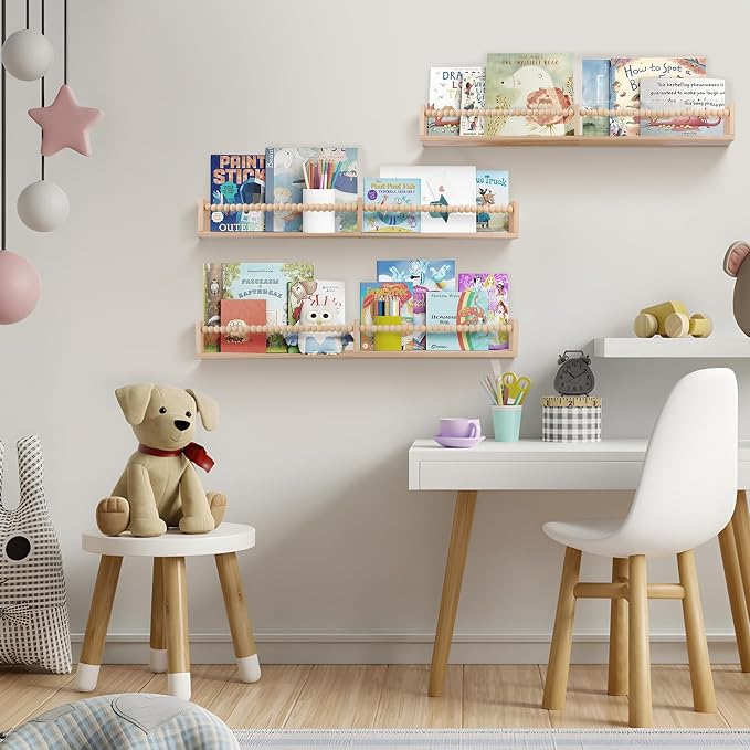 birola Nursery Book Shelves for Kids Rooms - 32 Inches Floating Wall Bookshelves Set of 3, Space-Saving Nursery Shelves with Beads Design for Kids Room, Bedroom and Study Room(Natural) - Image 5