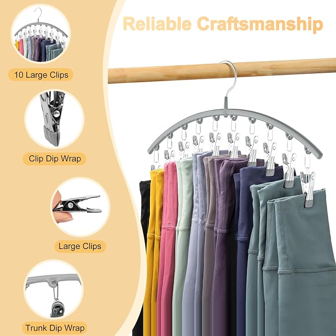 Volnamal Legging Organizer for Closet, Metal Yoga Pants Hanger w/Rubber Coated 2 Pack w/10 Clips Hold 20 Leggings, Hangers Space Saving Hanging Closet Organizer for Closet Organizers and Storage-Grey - Image 8