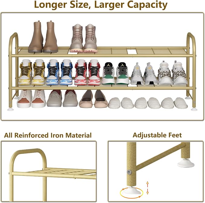 LINZINAR Shoe Rack Long 2 Tier Shoe Storage Organizer Metal Wide Shoe Shelf for Closet Entryway Bedroom 18 Paris Large Capacity, Gold - Image 6