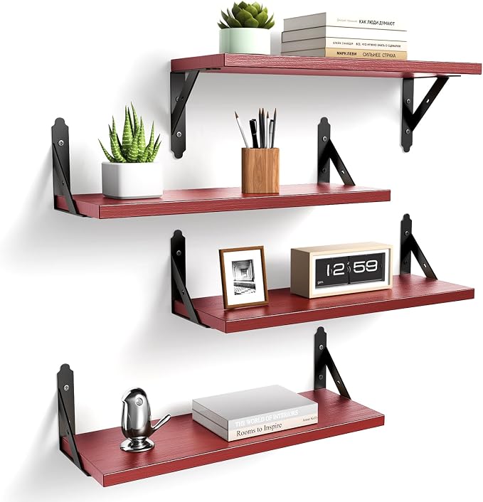 ROMGUAR CRAFT Wood Floating Shelves Set of 4, Rustic Storage Decor Wall Shelves, Wall Mounted Shelf for Living Room, Bedroom 17" x 6", Red by ROMGUAR+CRAFT