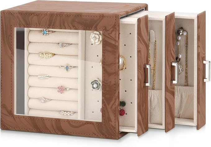 DesignSter Jewelry Box Organizer, Jewelry Box for Women, PU Jewelry Organizer Display Case with Side Drawers, Jewelry Storage for Earring Necklace Ring Bracelet Watch by DesignSter