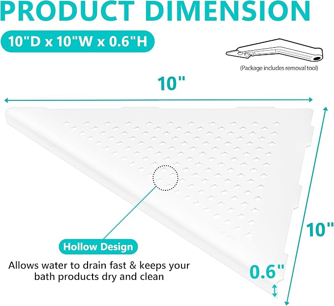 Qeke Bathroom Corner Shelf, Recessed 10" Shower Shelf Caddy, SUS304 Stainless Steel Shelf Wall Mount Triangular, No Drilling, Matte White - Image 2