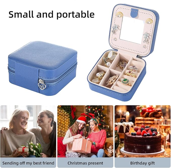 KElofoN Travel jewelry case Travel jewelry box Travel Jewelry Organizer Small Jewelry Organizer Box Gift for Girls Women with Mirror(Deep blue) - Image 5
