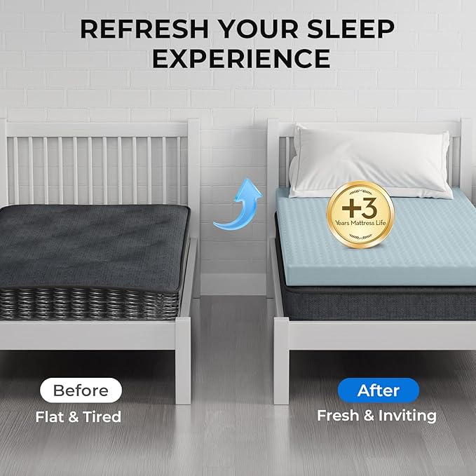 OhGeni 3 Inch Twin Size Memory Foam Mattress Topper Pad with Cover, Egg Crate Foam with Anti-Slip Base, Enhanced with Cooling Gel，Removable & Washable，College Dorm Room Essential