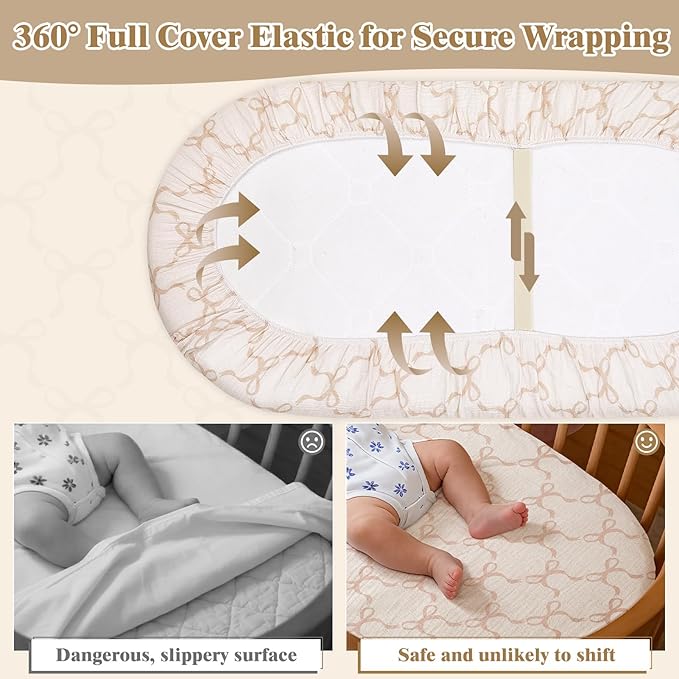 Basumee Muslin Bassinet Sheets for Baby Girl Boy 2 Pack Soft Breathable Baby Bedside Bassinet Fitted Sheets with Bottom Elastic Band Mattress Cover for Rectangle Oval Hourglass Bassinets