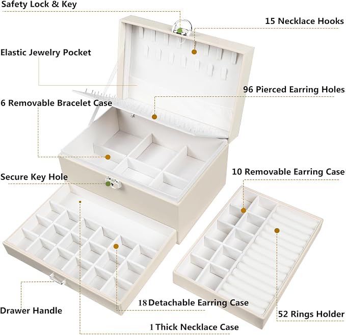 QBestry Earrings Jewelry Box for Girls, 5 Layers Jewelry Organizer with Earring Holder Organizer for Girls Earring Organizer Jewelry Boxes for Women Earrings and Necklaces Jewelry Box Organizer Beige - Image 7