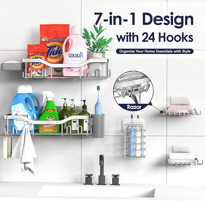 NESOMI Shower Caddy Adhesive Shower Organizer 7-Pack, Rustproof Stainless Steel Bathroom Shelves, Large Capacity No-Drill Rack Storage Accessories with Soap Dish Toothbrush Holder Hooks - Image 4