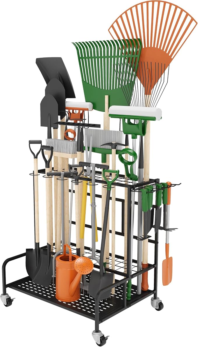 Garden Tool Organizer Rack with Wheels Up to 39 Tools, Heavy-Duty Steel Yard Tool Organizer for Garage Storage with 12 Hooks, Broom Holder & Garden Tool Rack for Shed, Patio, Outdoor Use, Black by Sttoraboks