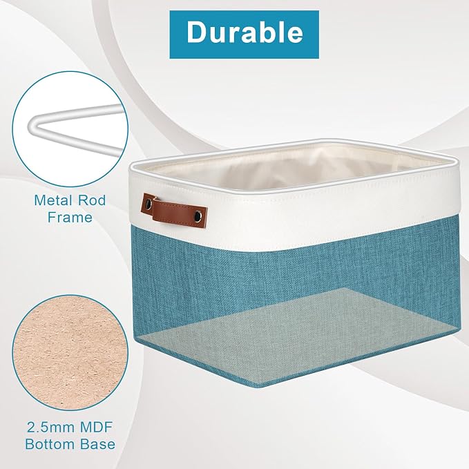 Bagnizer Storage Bins Large Fabric Storage Baskets for Shelves 3 Pack, Decorative Linen Closet Baskets with Handles for Organizing, Shelf, Clothes, Home, Office, 15x11x9.5Inches (Teal&White) - Image 4