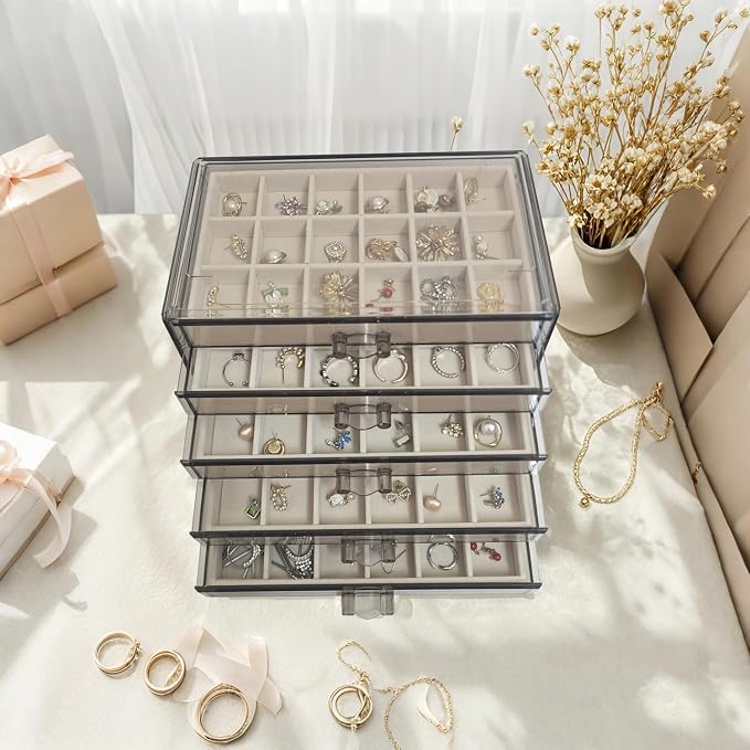 Acrylic Earring Holder Organizer with 5 Drawers Clear Earring Organizer Box with 90 Adjustable Grids Velvet Earring Display Case Jewelry Organizer for Earrings Rings Studs (Brown Beige) - Image 5