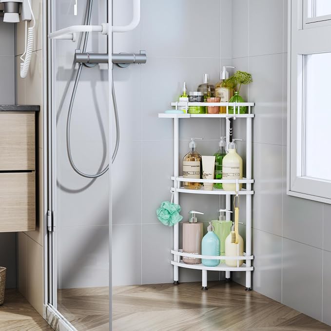 HapiRm Standing Corner Shower Caddy - 3 Tier Shower Organizer Corner with Soap Holder and 4 Hooks, Rustproof Bathroom Storage Shelves with Adhesives, White - Image 6