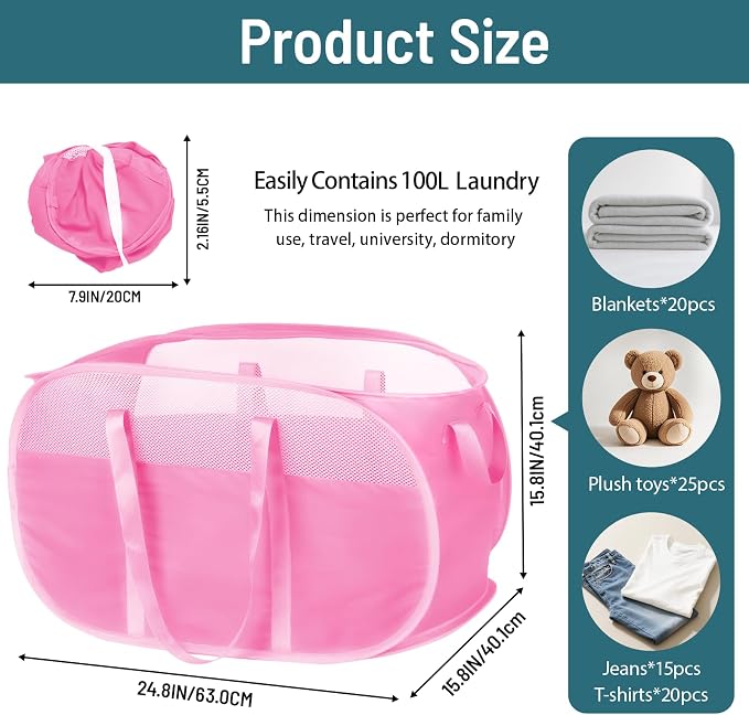 100L Collapsible Laundry Baskets, Tear Proof Pop Up Laundry Hamper with Dual Handles, Large Foldable Laundry Basket, Easy to Carry Laundry Hamper for Home, Laundry Room, Bedroom, Dorm, Travel Pink - Image 3