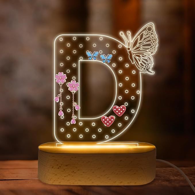 COSHAYSOO Initial Acrylic Earring Holder Organizer for Women Teen Girls with Butterfly Decorations LED Night Light Personalized Birthday Easter Mothers Valentines Day Jewelry Storage Letter D by COSHAYSOO