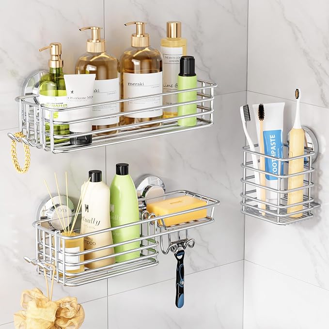 LEVERLOC Shower Caddy Suction Cup, 3 Pack Heavy Duty Bathroom Organizer for Inside Shower with Hooks & Soap Holder, Removable Bathroom Organizer, Rustproof Silver Holder Storage Storage,Silver by LEVERLOC