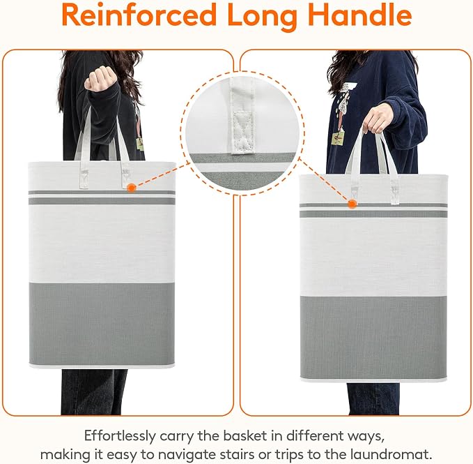 Lifewit 2 Pack 80L Large Freestanding Laundry Hamper, Collapsible Laundry Basket with Easy Carry Handles, Waterproof Tall Clothes Hamper for Laundry Dorm Bedroom Bathroom, Grey-White - Image 5