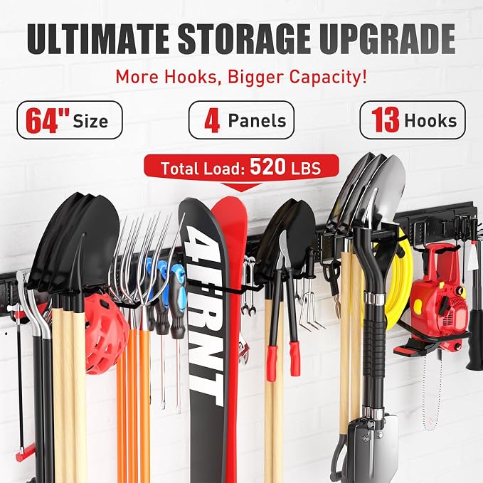 Garage Tool Organizer Wall Mount 64 inches with 13 Adjustable Heavy-Duty Hooks, Garage Organization, Garden Tool Storage Rack, Yard, and Shed, Holds Up to 520 lbs - Image 2