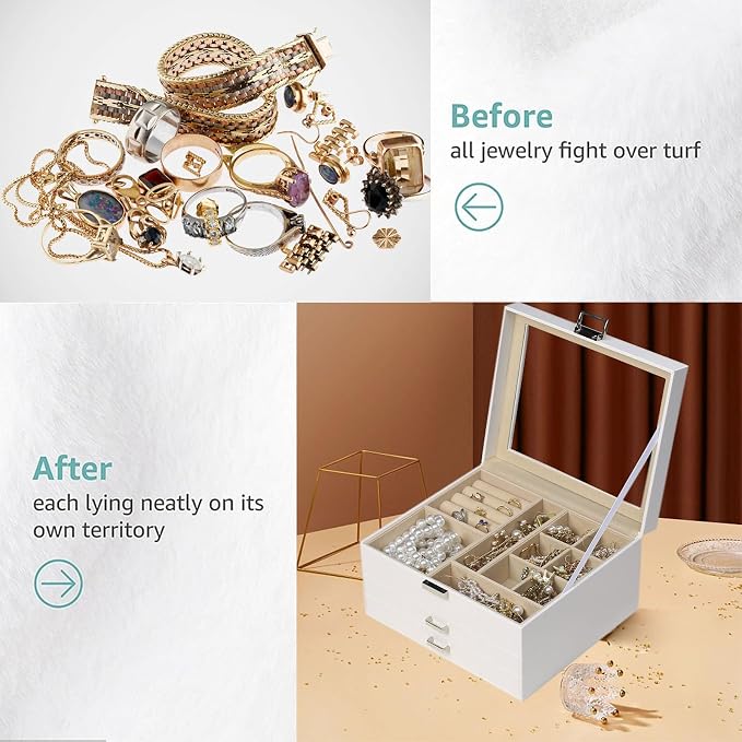 BOOVO Clear Lid Jewelry Box,3 Layers Jewelry Organizer Large Multi-Functional Jewelry Storage Box with 2 Drawers,Jewelry Display Case of Rings Earrings Necklace Bracelets for Women Girls (White) - Image 7