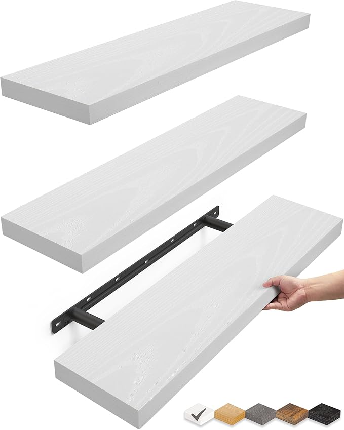 BAYKA White Floating Shelves for Wall, Set of 3, 22.5 Inches Wall Mounted Rustic Wood Shelves for Bathroom, Bedroom, Living Room or Kitchen, Hanging Shelf for Books/Storage/Decor/Display by Bayka