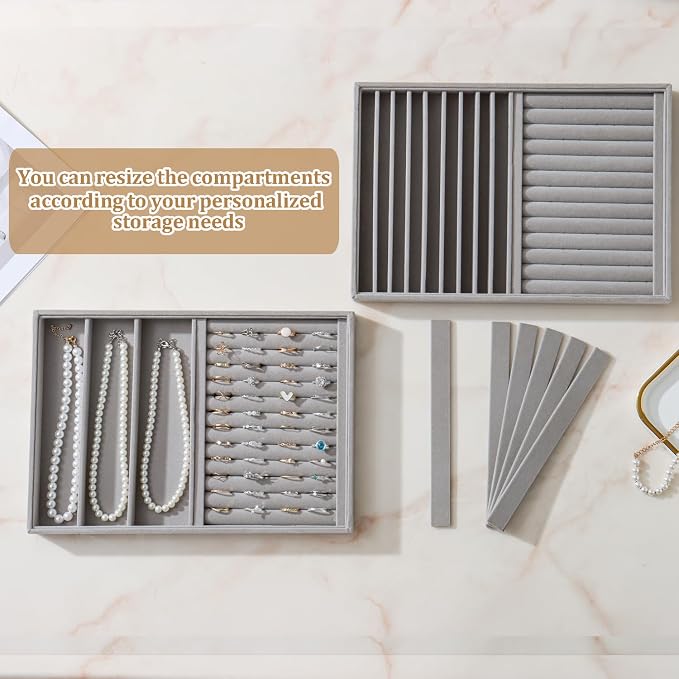 Large Velvet Jewelry Tray 2 Pack Stackable Jewelry Display Drawer Inserts Trays Organizer for Earring Bracelet Necklace Ring (Gray, Ring and 9 Grids) - Image 3