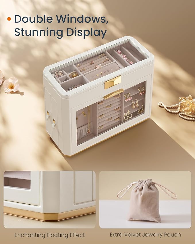SONGMICS HOME Large Jewelry Box, Vertical Jewelry Organizer with Glass Windows, Jewelry Pouch, 4 Side Drawers, Woven Embossed PU Leather, Gift Idea, Cloud White UJBC203W01 - Image 6
