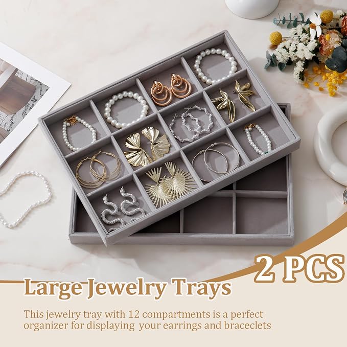 Large Velvet Jewelry Tray 2 Pack Stackable Jewelry Display Drawer Inserts Trays Organizer for Earring Bracelet Necklace Ring (Gray, 12 Grids) - Image 2