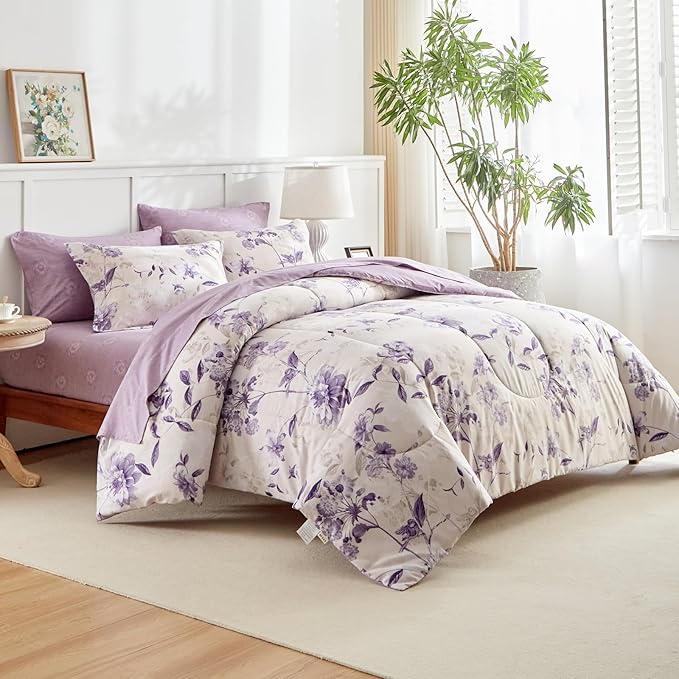 AIKASY 7-Piece King Size Bed in a Bag Comforter Set - Lilac Purple Floral Ensemble with Reversible Botanical Flowers Comforter, Sheets, Pillowcases & Shams
