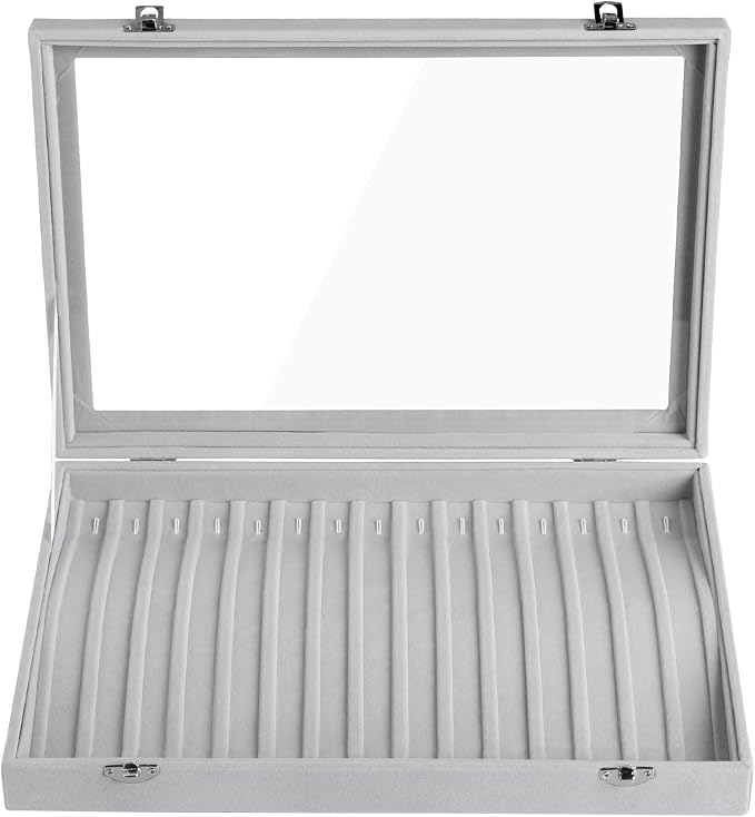 Frebeauty 15 Hooks Necklace Tray Velvet Neckalce Organizer with Clear Lid Lockable Necklace Holder Box Jewelry Organizer for Pendants Chains Necklace Jeweley Tray for Women Girls(Grey) - Image 4