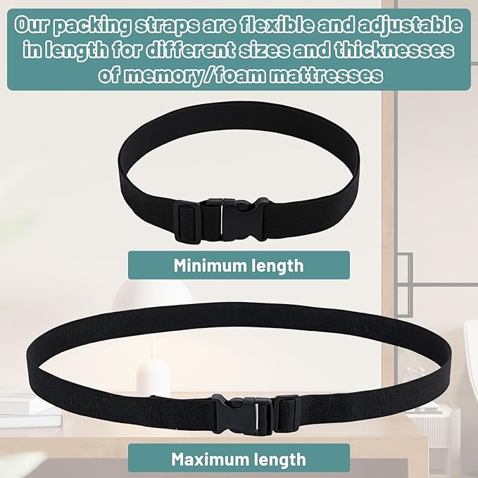 Mattress Straps 2 Pcs Adjustable Foam Mattresses Packing Straps with Sturdy Locked Buckles for Moving House Gel Mattress Topper Storing Bedding Supplies Black, 59.06'' X 1.26''