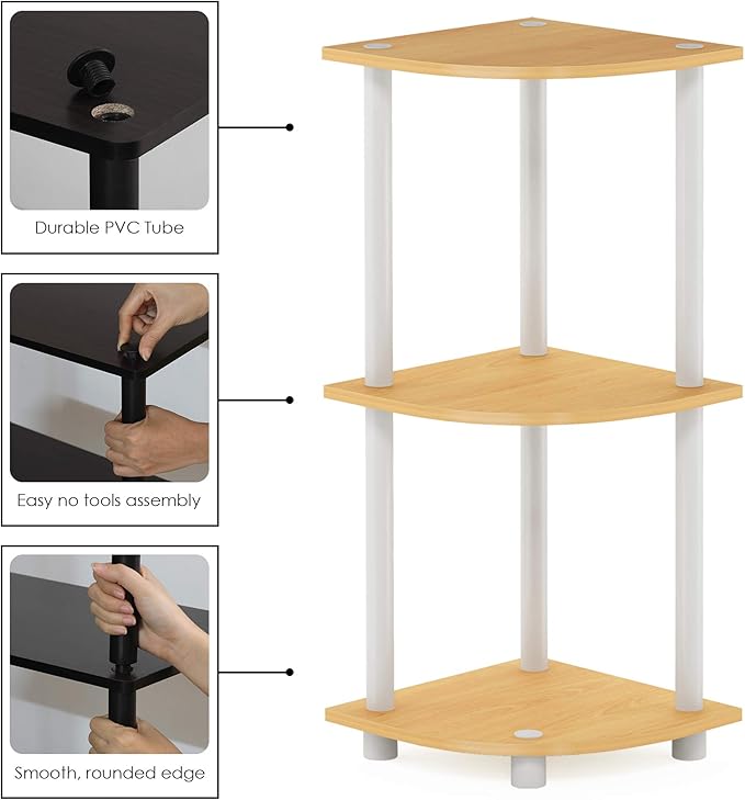 Furinno TURN-N-TUBE Corner Shelf, 3-Tier Corner Bookshelf, Display Storage Shelves with Open Shelves, for Organization and Storage, Living Room, Home Office, Garage, Beech - Image 5