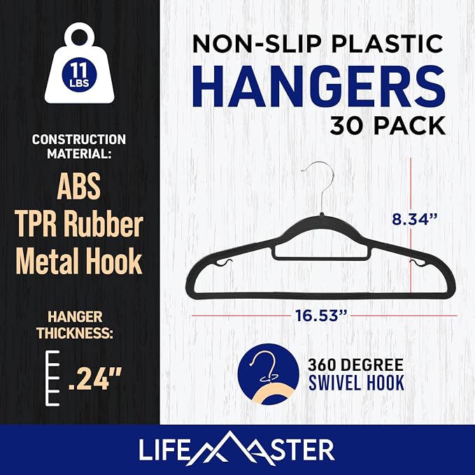 LifeMaster 30 Pcs. Dry Wet Clothes Hangers - Heavy Duty Coat Hanger Set with 360° Swivel Hook (Black) Non-Slip Rubber, Space-Saving, Frustration-Free Hanging, Accessory Tie Bar, Smart Strap Hooks - Image 2