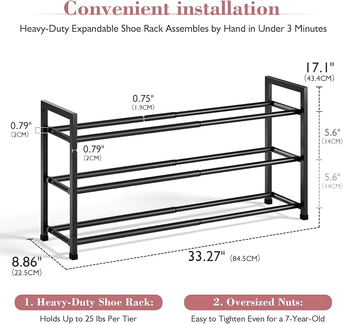 Bumusty 3-Tier Expandable Shoe Rack for Closet, 18“-33” Adjustable Shoe Rack for Small Space, Small Shoe Organizer for Front Door, Sturdy Metal, Black - Image 3