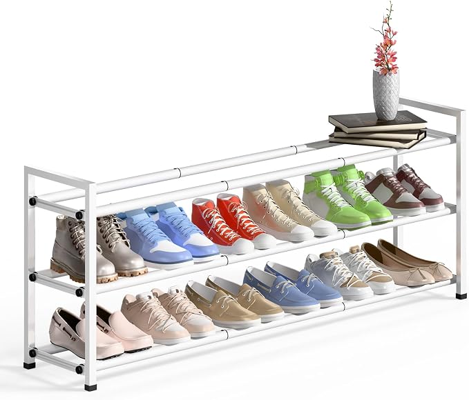 Bumusty 3-Tier Long Expandable Shoe Rack for Closet, 18"-44" Adjustable Shoe Rack for Entryway, 15-18 Pairs Large Shoe Organizer Shelf Storage, Sturdy Metal, White by BUMUSTY