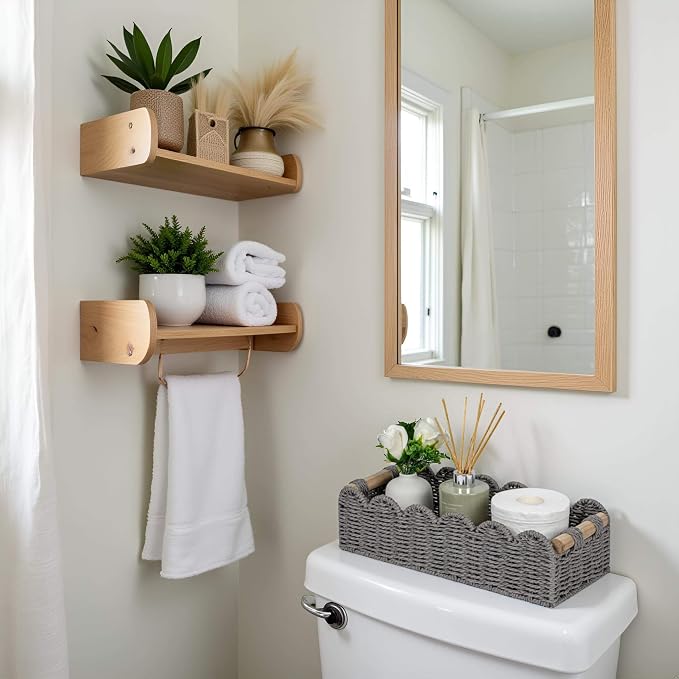 CubesLand Scalloped Edge Toilet Paper Storage Basket, Living Room Home Cozy Decor Basket, Paper Rope Small Baskets for Over Toilet Storage Shelf, End Table, Shelves, with 2 Wooden Handles, Grey - Image 2