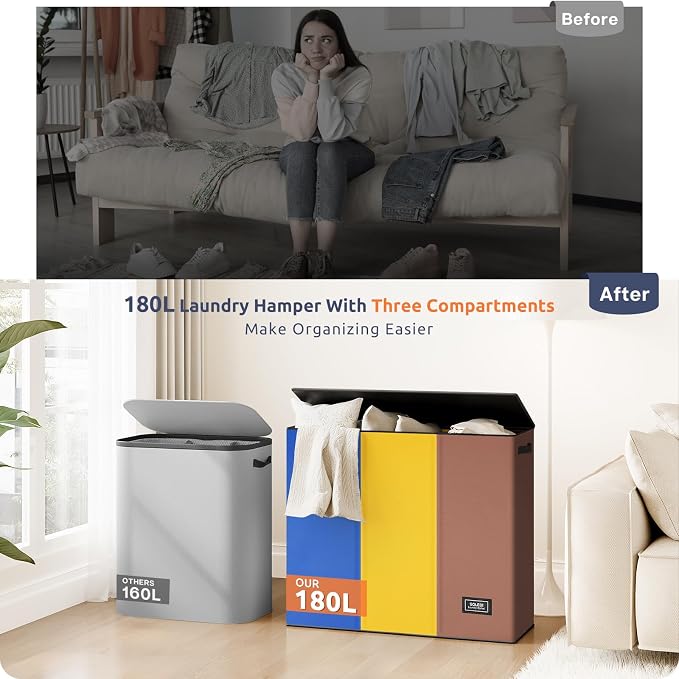 SOLEDI 180L Laundry Hamper 3 Section, Extra Large Laundry Hamper with Lid, Dirty Clothes Hamper with Sturdy Handle, Large Laundry Basket Organizer for Laundry Room, Bedroom, Hampers for Laundry - Image 7
