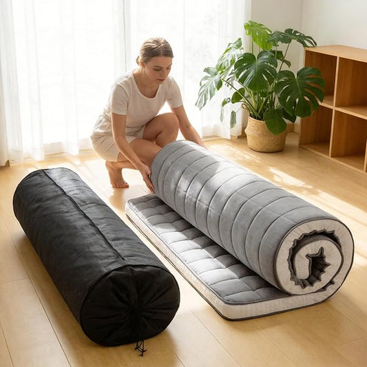 Tiita Futon Mattress 4” Thick Folding Roll Up Sleeping Pad with Bag & Strap, Bed Topper Mat for Guest, Lounger and Travel, Grey,Queen Size