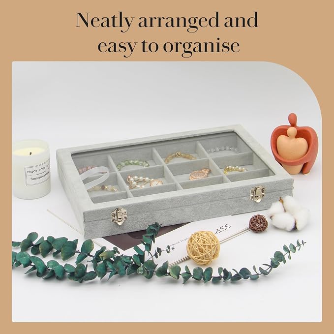 KOOAAICCHI Jewelry Organizer Bracelet Organizer Storage Box 12 Grid Stackable Jewelry Tray with Lid Velvet Jewelry Box Case Organizer for Home Drawer Desk or Store Selling Show(Velvet Grey) - Image 2