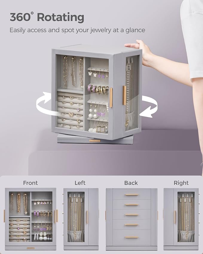 Glimmloop 360° Rotating Jewelry Box with 5 Drawers, Spacious Vertical Jewelry Organizer with Glass Window, Jewelry Storage Case, Dustproof & Moisture-resistant Design, Grey - Image 4